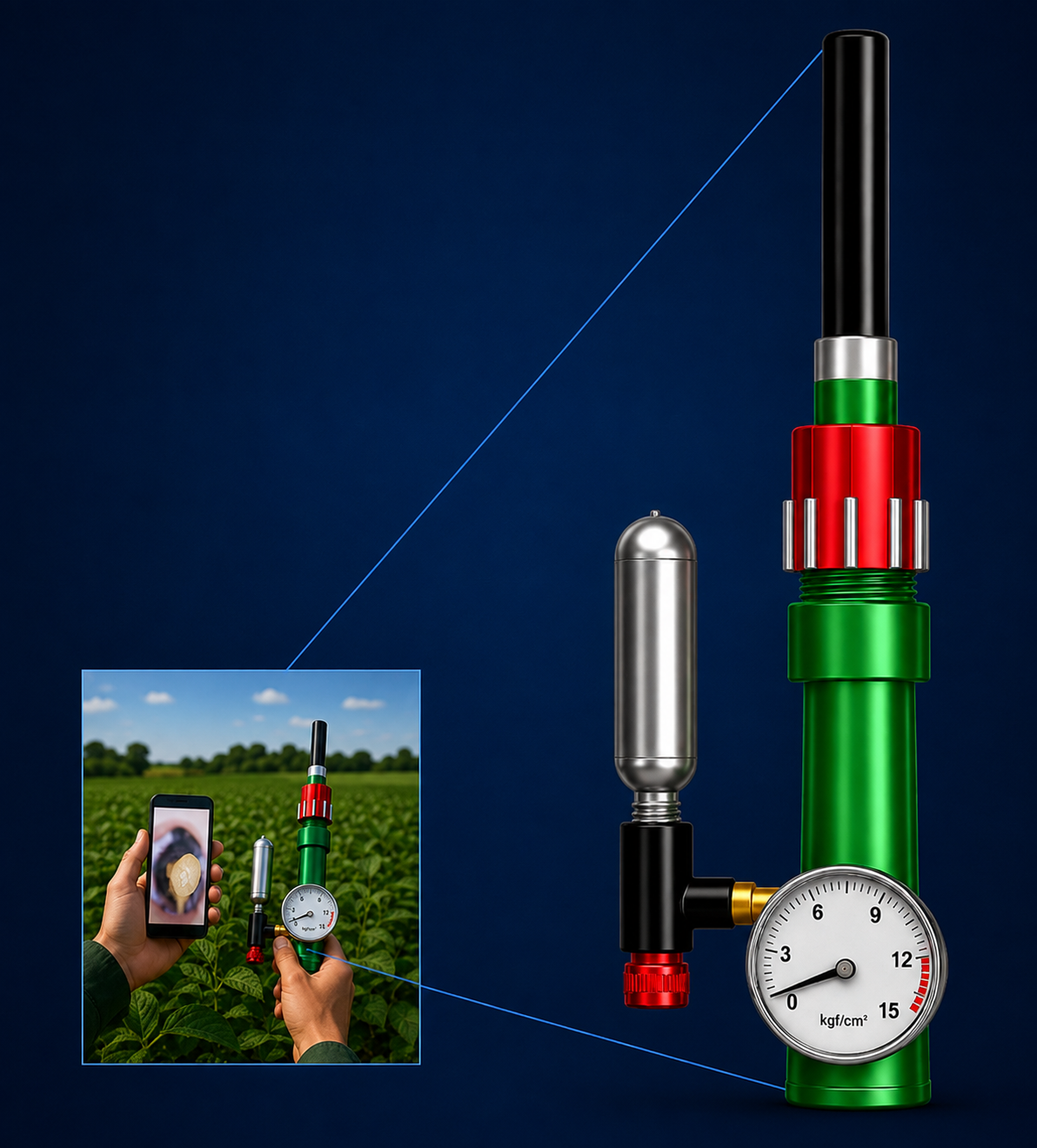 Câmara de pressão portátil PsiLeaf PL-150: manômetro analógico em kgf/cm², cápsula de gás acoplada e microcâmera digital transmitindo a imagem ao vivo